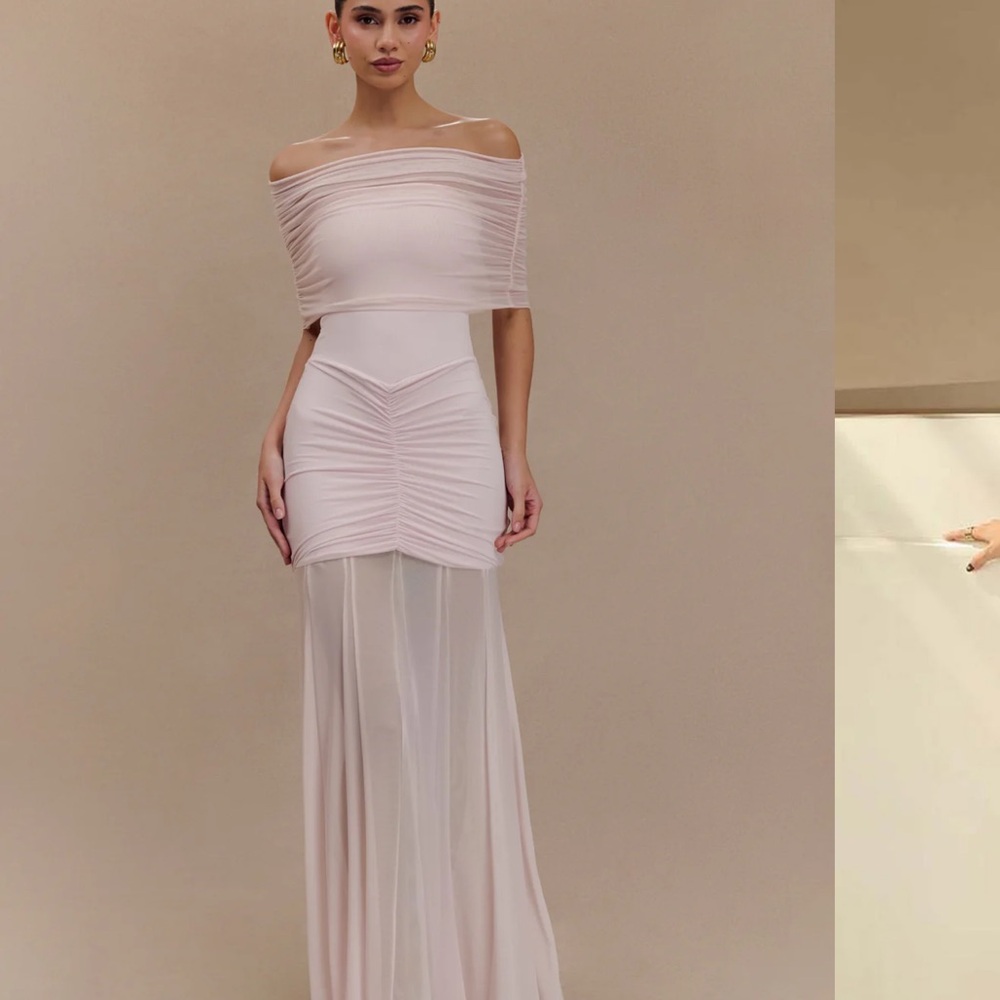 Meshki - Caspian Slinky And Mesh Off Shoulder Maxi Dress - Pale Pink - XS